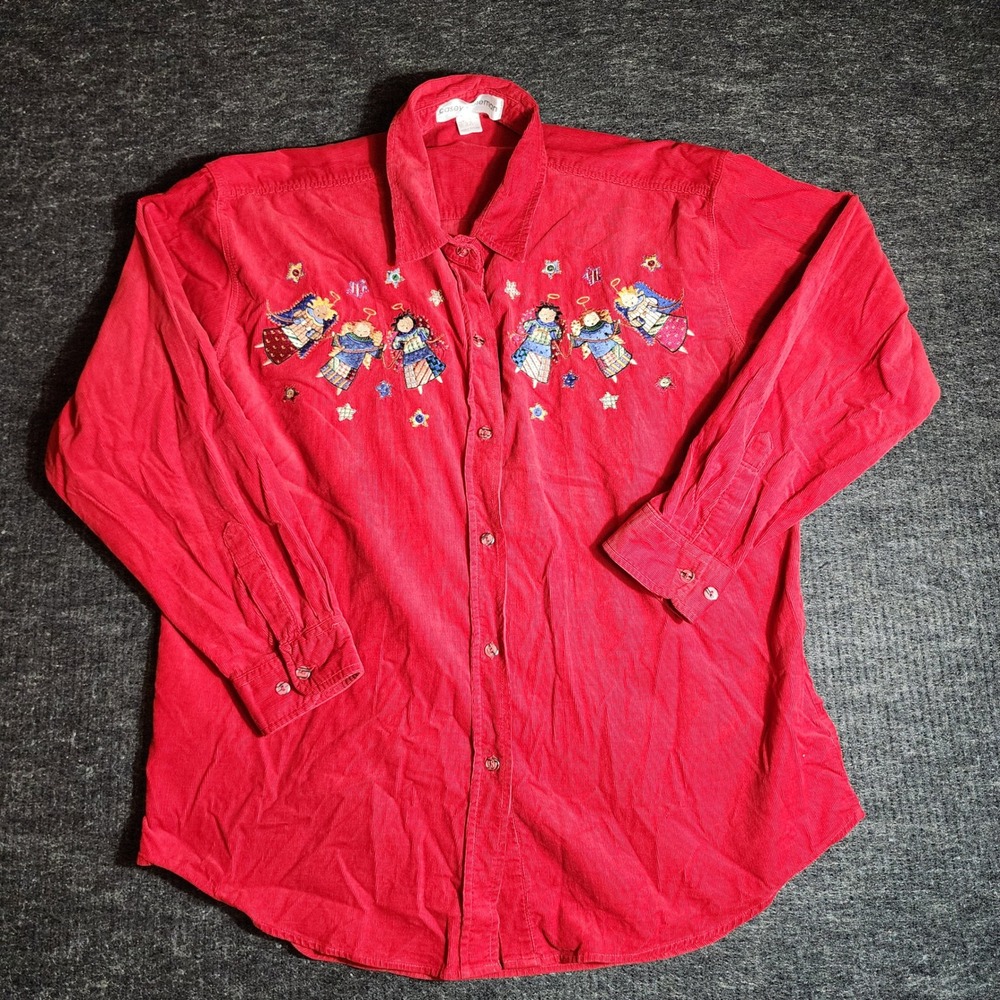 Casey Coleman Red Corduroy Embroidered Angel Button Down (L) Holiday (D24-1)